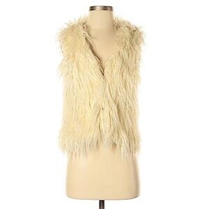 Forever 21 size S cream BOHO faux long hair fur hook closures v-neck lined vest